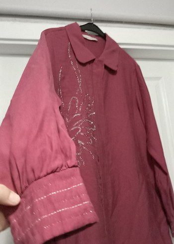 46 Beden bordo Renk Bordo Uzun Kollu Nakışlı Keten Gömlek