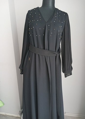 44 Beden siyah Renk Uzun Siyah V Yaka Nakışlı Elbise #abaya