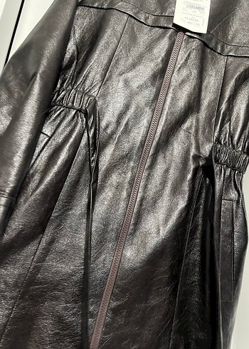 Siyah Kemerli Uzun Deri Kadın Ceket deri kap - Görsel 7