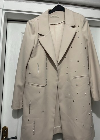 Bej Uzun Düğmeli Kadın Blazer Ceket - Görsel 3