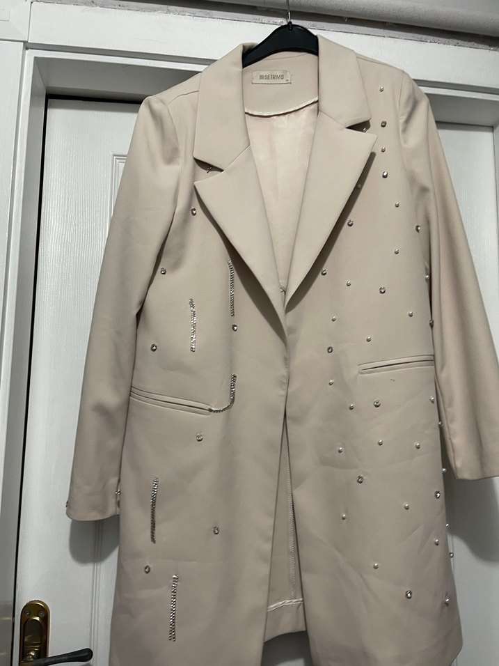 Bej Uzun Düğmeli Kadın Blazer Ceket - Görsel 3