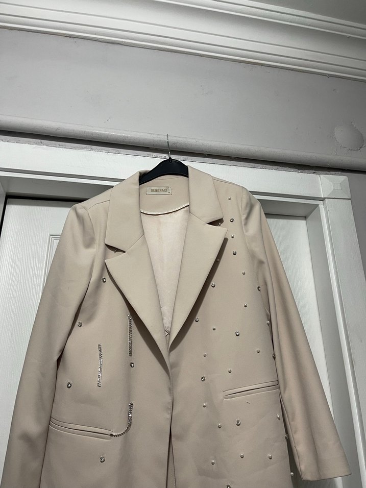 Bej Uzun Düğmeli Kadın Blazer Ceket - Görsel 2