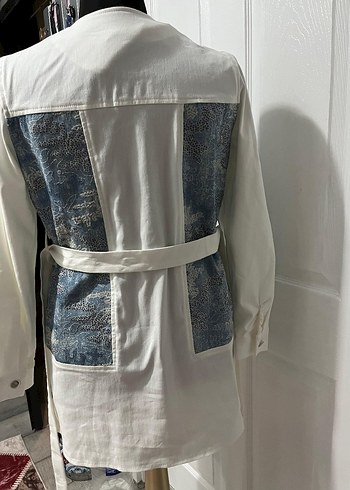 Setre Beyaz Kuşaklı Uzun Denim Ceket