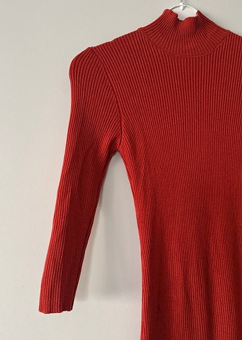 Kırmızı Uzun Triko Elbise Yüksek Yaka - Görsel 3