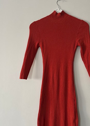 Kırmızı Uzun Triko Elbise Yüksek Yaka - Görsel 2