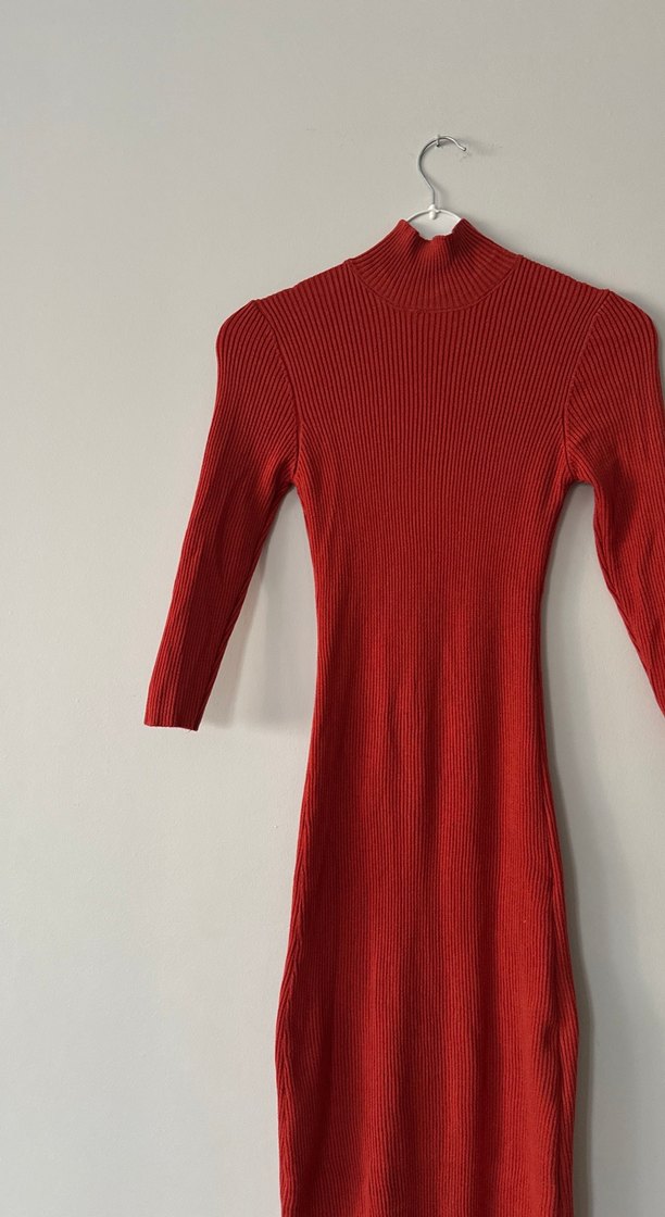Kırmızı Uzun Triko Elbise Yüksek Yaka - Görsel 2