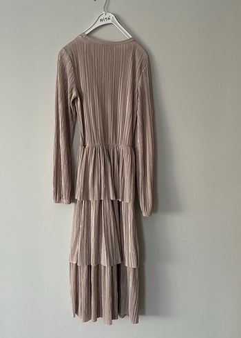 Bej Kadın Uzun Pliseli Elbise - Görsel 7