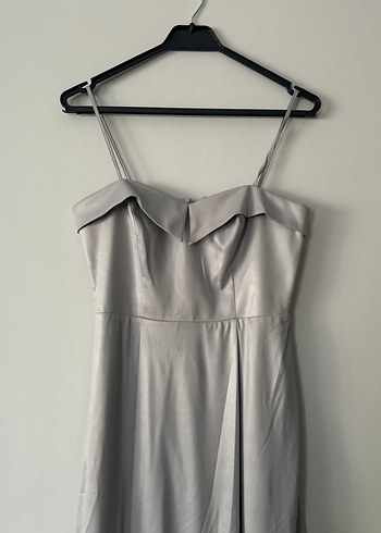 Gri Uzun Drapeli Straplez Kadın Abiye Elbise - Görsel 3