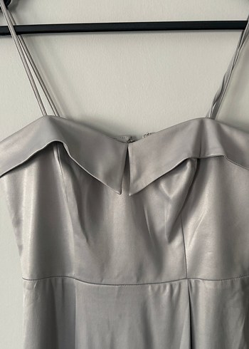 Gri Uzun Drapeli Straplez Kadın Abiye Elbise - Görsel 2