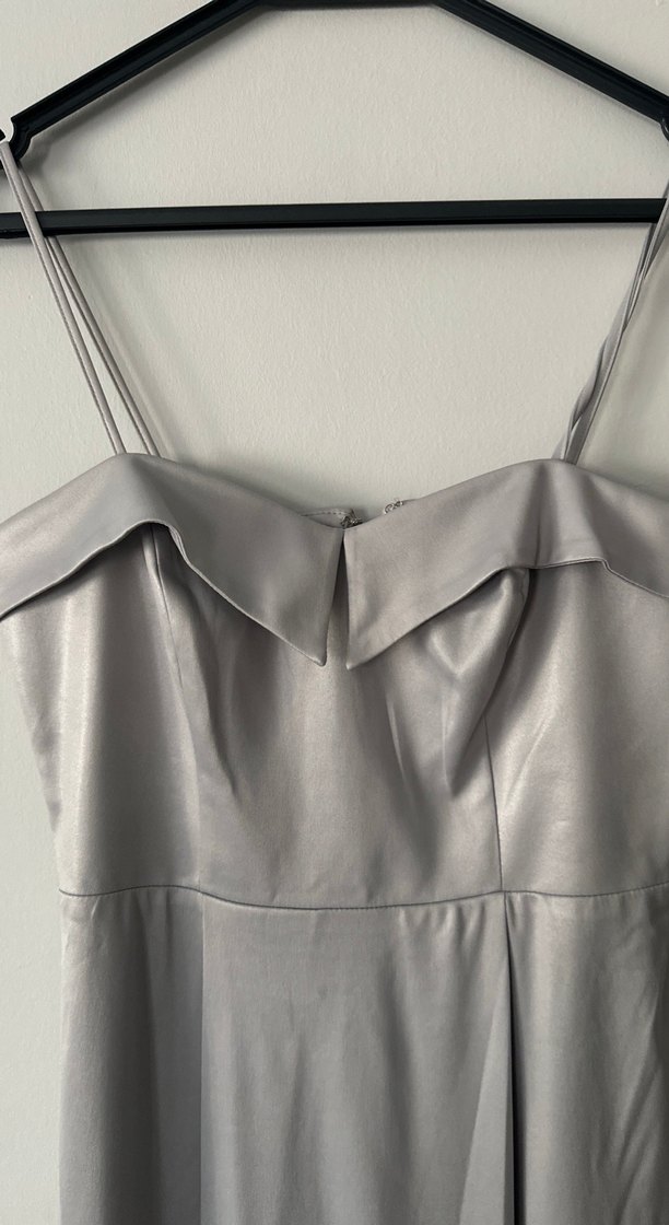 Gri Uzun Drapeli Straplez Kadın Abiye Elbise - Görsel 2