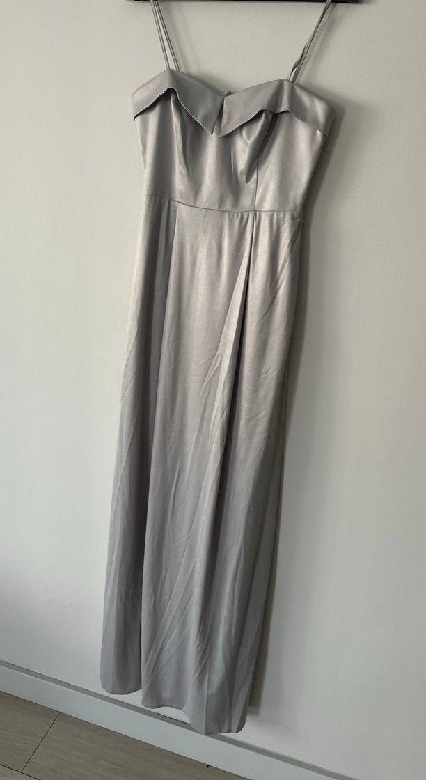 Gri Uzun Drapeli Straplez Kadın Abiye Elbise - Görsel 5