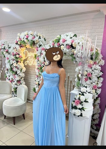 Mavi  Uzun Drapeli  Simli Korseli Kadın Elbise - Görsel 2