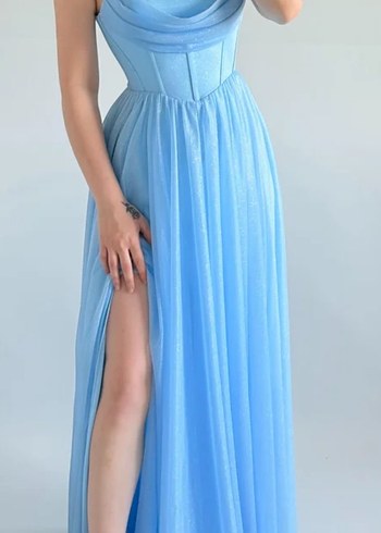 Mavi  Uzun Drapeli  Simli Korseli Kadın Elbise - Görsel 5