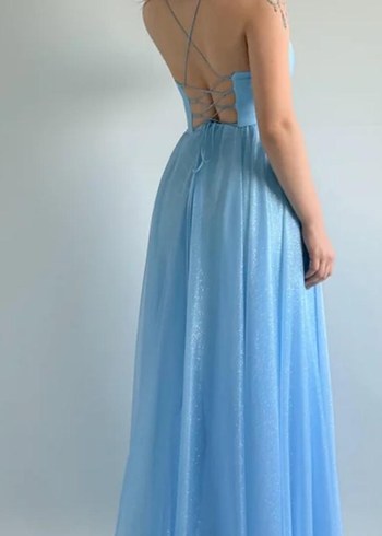 Mavi  Uzun Drapeli  Simli Korseli Kadın Elbise - Görsel 6