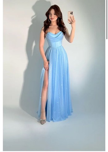 Mavi  Uzun Drapeli  Simli Korseli Kadın Elbise - Görsel 4