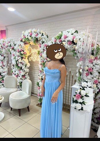 Mavi  Uzun Drapeli  Simli Korseli Kadın Elbise - Görsel 3