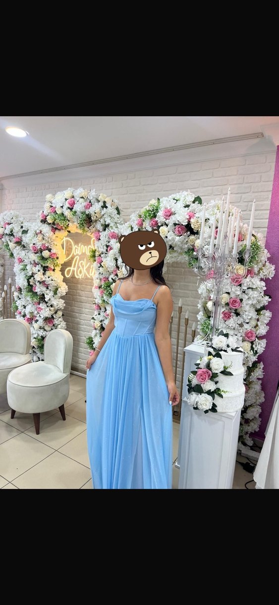 Mavi  Uzun Drapeli  Simli Korseli Kadın Elbise - Görsel 2