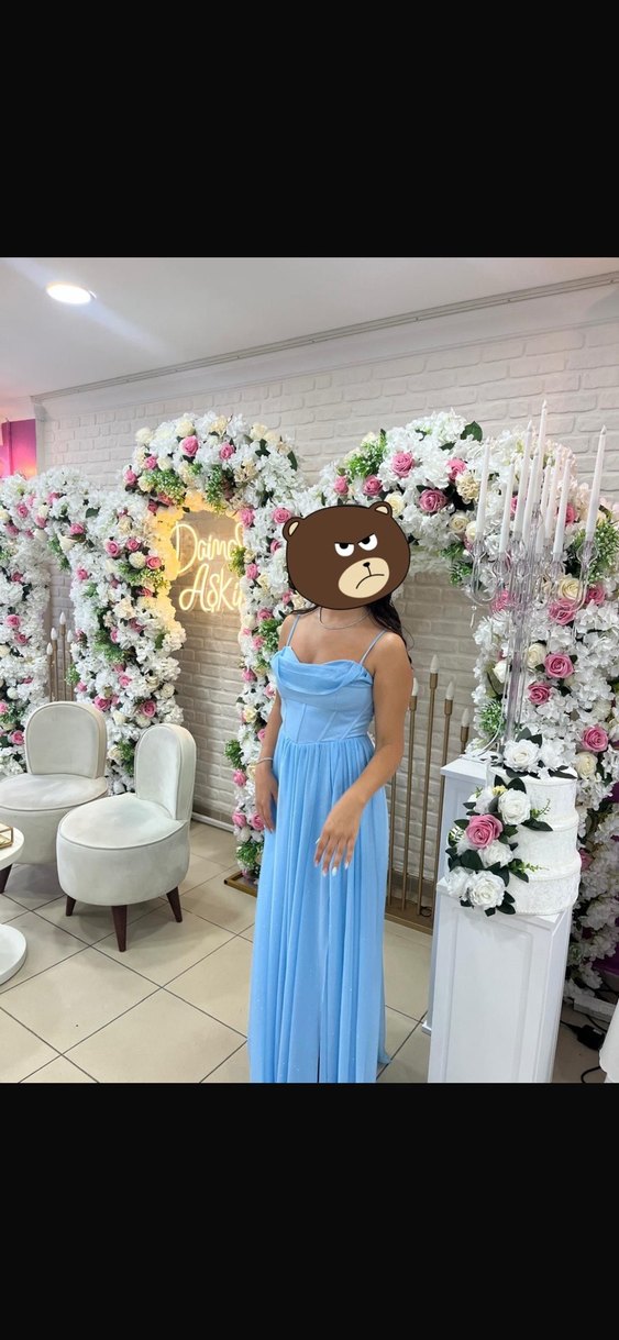 Mavi  Uzun Drapeli  Simli Korseli Kadın Elbise - Görsel 3