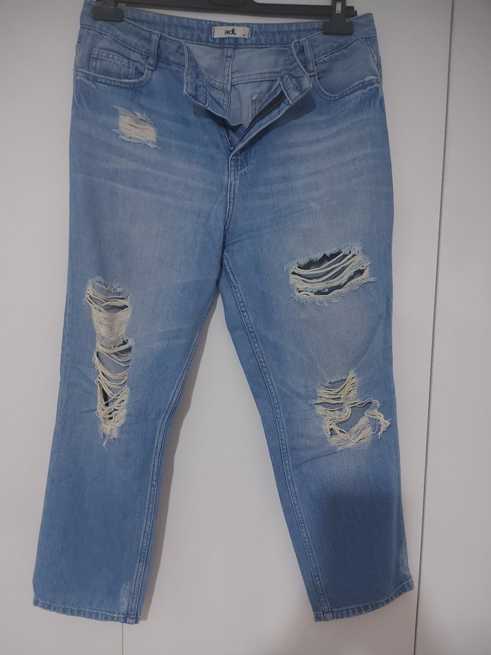 Kadın Gri Renkli Loose Fit Yırtık Denim Pantolon - Görsel 3