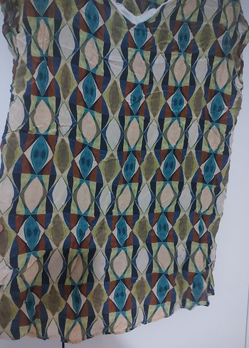 V Yaka Çok Renkli Salaş Bohem Bluz - Görsel 3