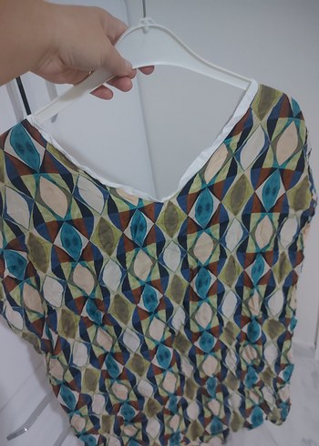 V Yaka Çok Renkli Salaş Bohem Bluz - Görsel 4