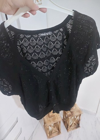 Siyah V Yaka Kısa Kollu Örgü Hırka - Görsel 2