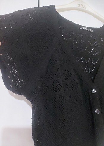 Siyah V Yaka Kısa Kollu Örgü Hırka - Görsel 8