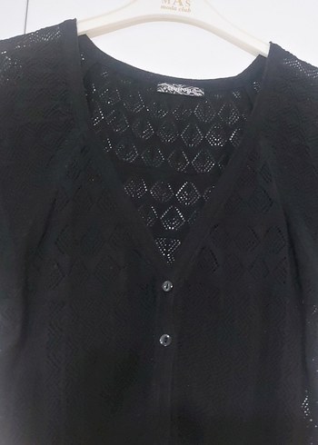 Siyah V Yaka Kısa Kollu Örgü Hırka - Görsel 3