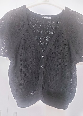 Siyah V Yaka Kısa Kollu Örgü Hırka - Görsel 5