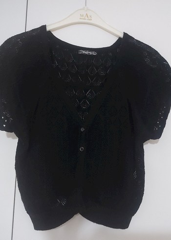 Siyah V Yaka Kısa Kollu Örgü Hırka - Görsel 7