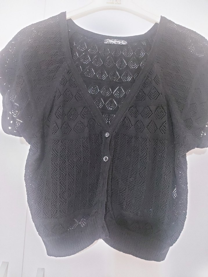 Siyah V Yaka Kısa Kollu Örgü Hırka - Görsel 5