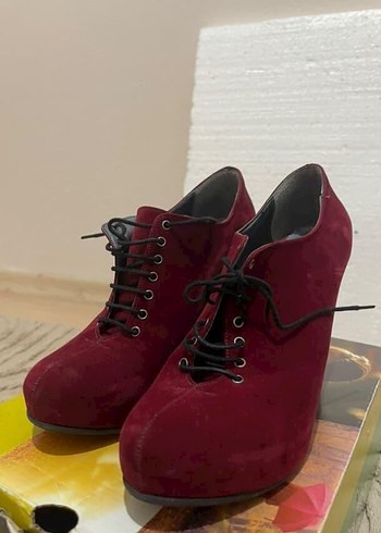 39 Beden Bordo Süet Bağcıklı Stiletto Topuklu Kadın Bot