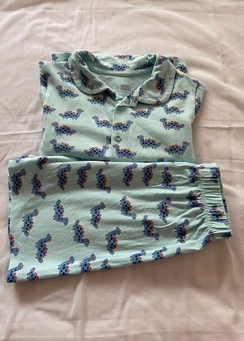 Erkek Çocuk Mavi Düğmeli Dinozor Baskılı Pijama