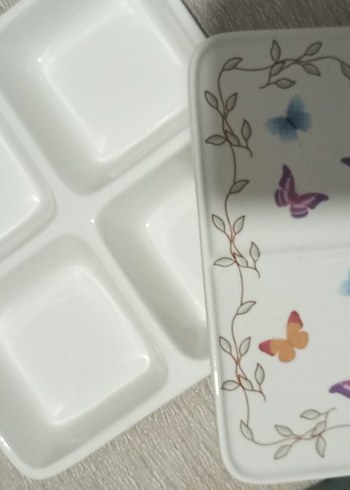 Kelebek Desenli Bölmeli  kahvaltı tabağı kapaklı porselen - Görsel 2