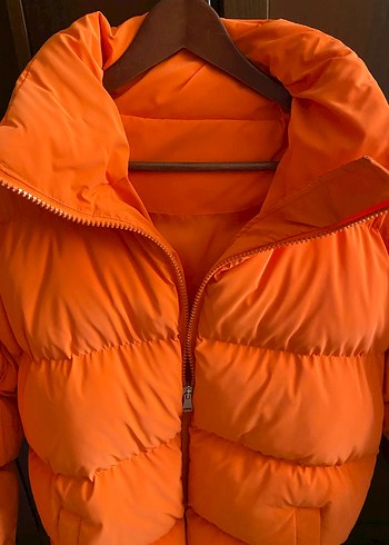 Turuncu Kadın Midi Mont, Yüksek Yakalı, Fermuarlı - Görsel 3