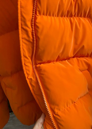 Turuncu Kadın Midi Mont, Yüksek Yakalı, Fermuarlı - Görsel 5