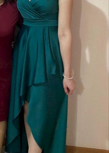 Kadın zümrüt Uzun Drapeli Abiye Elbise - Görsel 2