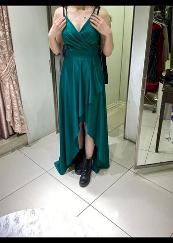 Kadın zümrüt Uzun Drapeli Abiye Elbise - Görsel 5