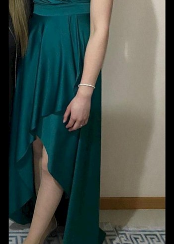 Kadın zümrüt Uzun Drapeli Abiye Elbise - Görsel 4