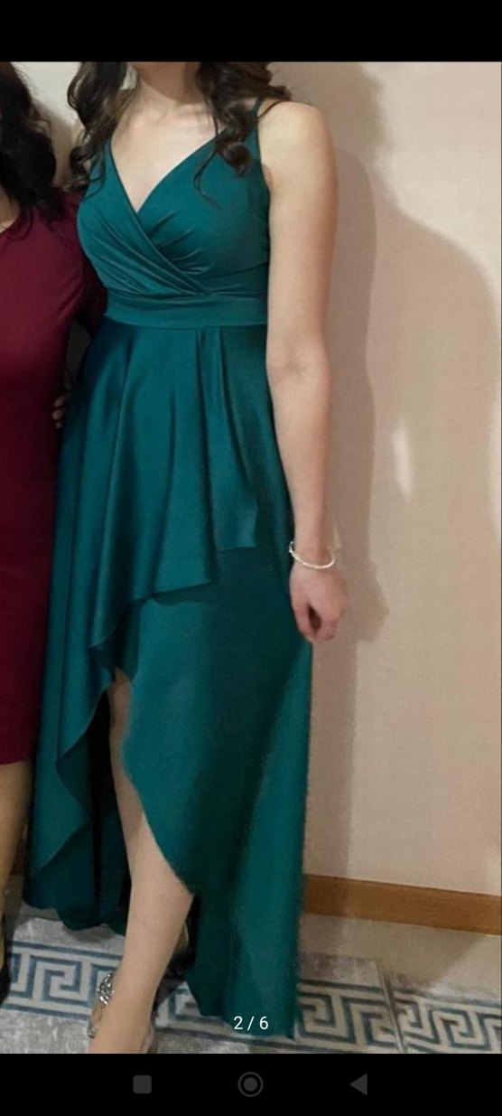 Kadın zümrüt Uzun Drapeli Abiye Elbise - Görsel 2