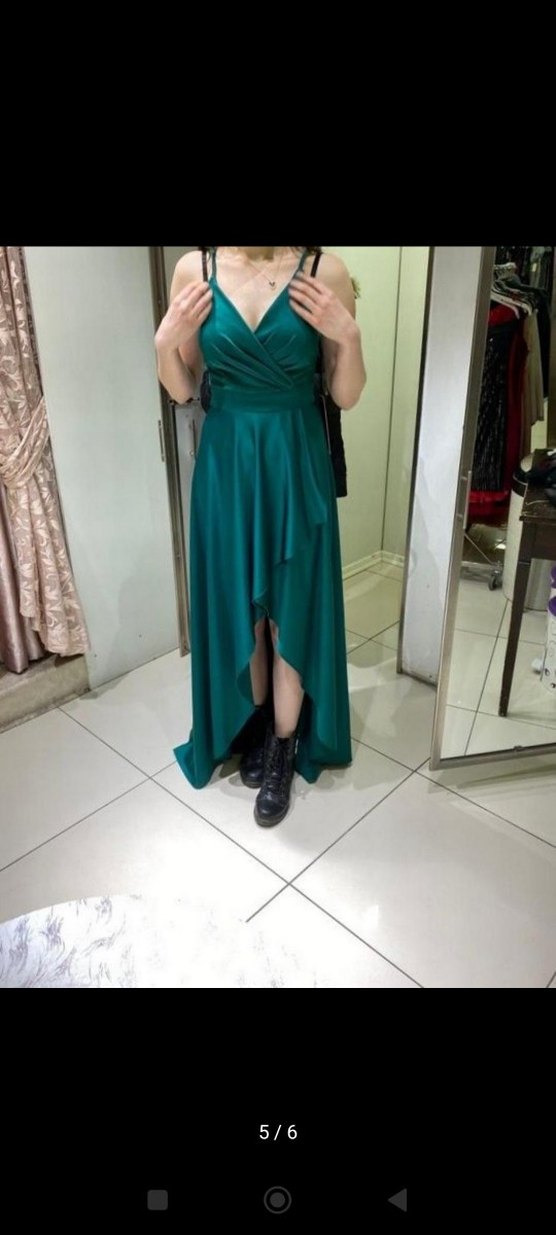 Kadın zümrüt Uzun Drapeli Abiye Elbise - Görsel 5