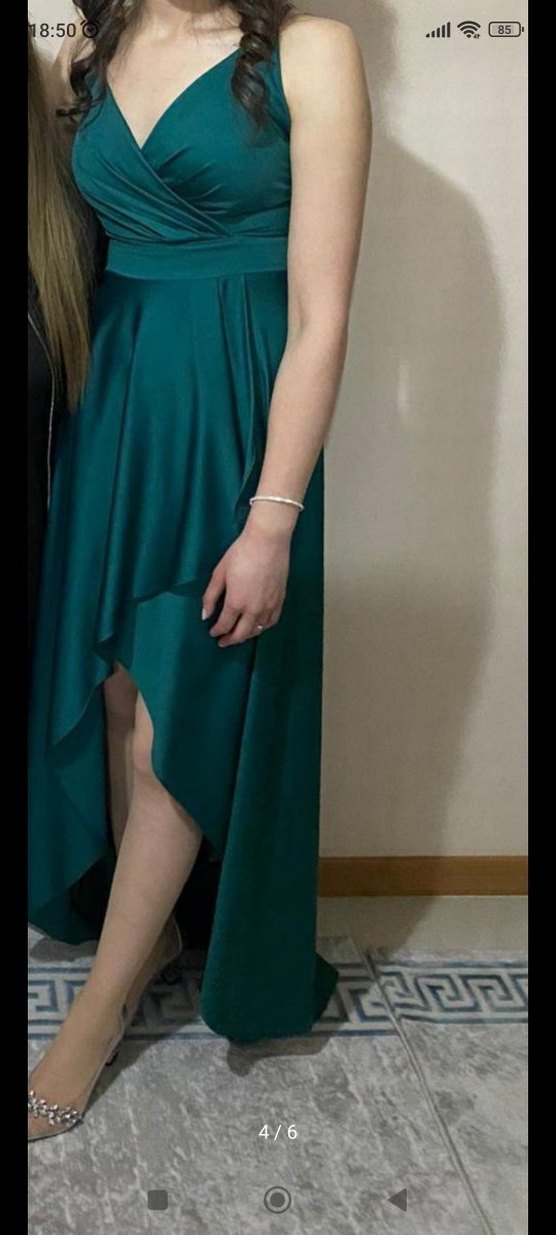 Kadın zümrüt Uzun Drapeli Abiye Elbise - Görsel 4