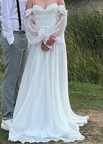 Ekru Organze Düşük Kollu Nikah/Abiye Elbise