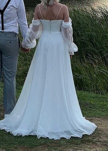 38 Beden Ekru Organze Düşük Kollu Nikah/Abiye Elbise