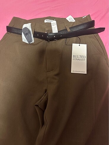 38 Beden kahverengi Renk Stradivarius kemerli ve dökümlü straight fit pantolon