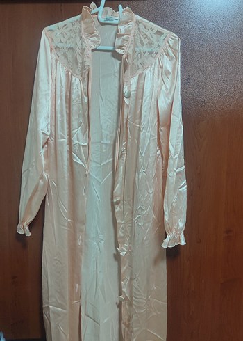 Bej Uzun Kollu Vintage Kadın Gecelik