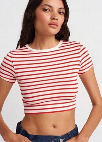 Kırmızı Çizgili Kısa Kollu Crop Top