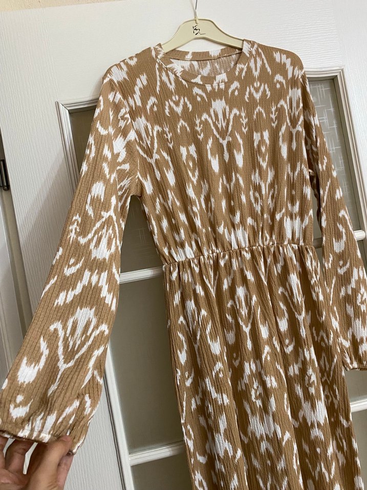 Uzun Kollu Bohem Bağlama Desenli Kadın Elbise - Görsel 3