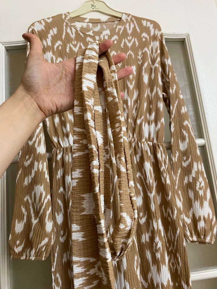 Uzun Kollu Bohem Bağlama Desenli Kadın Elbise - Görsel 4