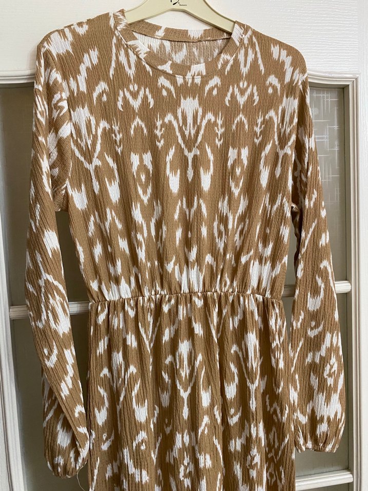 Uzun Kollu Bohem Bağlama Desenli Kadın Elbise - Görsel 2